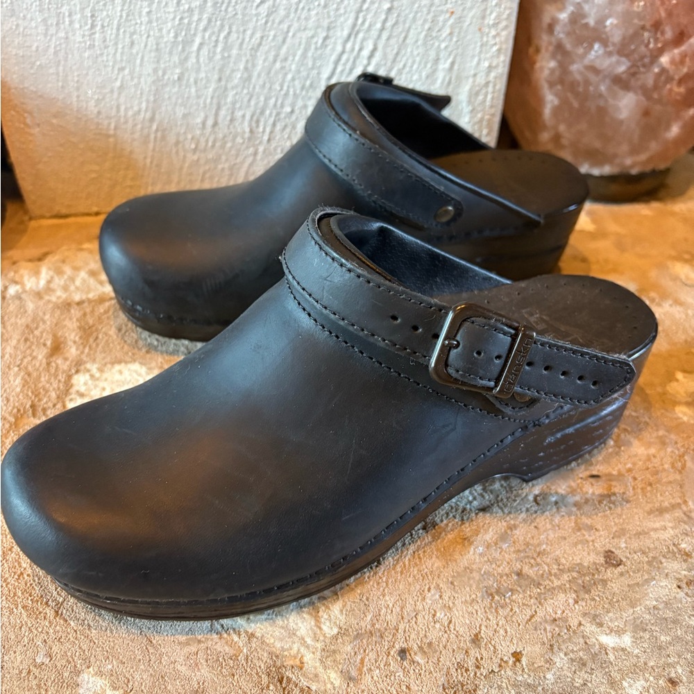 Dansko Black Leather Clogs with Buckle